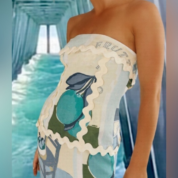 Casual Ribbon Trim Tile Print Tuscany Floral Strapless Bohemian Dress - Picture 3 of 13